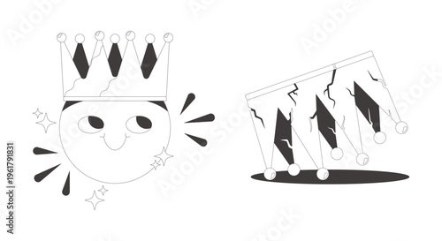 Crowned king and broken crown clean flash message illustration set. Royal authority. Leader downfall. Mobile app UI states. Error success. Micro UX done failure. Black and white line vector concepts