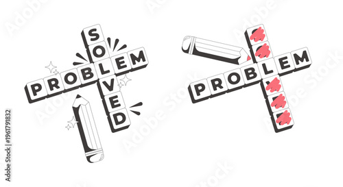 Problem solved crossword clean flash message illustration set. Scribbling pencil mistake. Unsolved answer. Mobile app UI states. Error success. UX done failure. Black and white line vector concepts