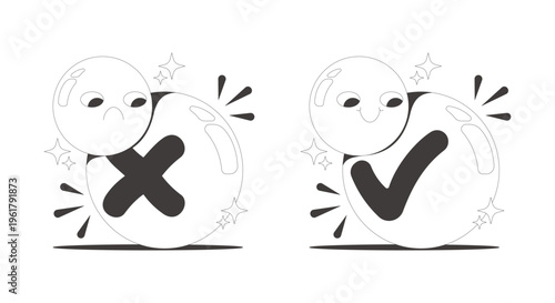 Groovy approval and rejection clean flash message illustration set. Funky cross mark. Checkmark emoji. Mobile app UI states. Error success. Micro UX done failure. Black and white line vector concepts