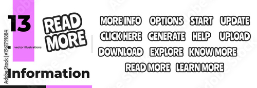Information bold outline call to action words pack. Read more. Click here. Download upload. Explore generate. Black and white text. Bubble lettering. Playful stickers web design. Ranchers font used