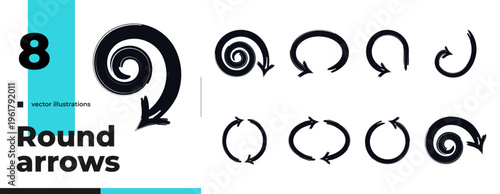 Round and spiral black bold thick stroke arrow set. Circular rotation refresh. Expressive doodle marker pointers isolated for highlighting and guiding. Directional rough freehand cliparts collection