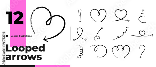 Heart shaped looped black grunge doodle arrow set. Freehand sketchy cliparts in rough brush stroke style. Simple hand drawn vector overlays for social media and emphasis. Graphic design elements