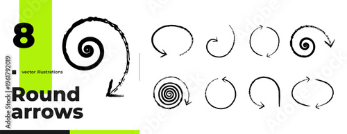 Spiral and round black grunge doodle arrow set. Circular rotation reload. Freehand sketchy cliparts in rough brush stroke style. Simple hand drawn vector overlays for emphasis. Graphic design elements