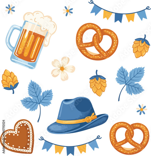 German Spring Festival Frühlingsfest Vector Elements Set with Beer, Pretzels, and Bavarian Decorations
