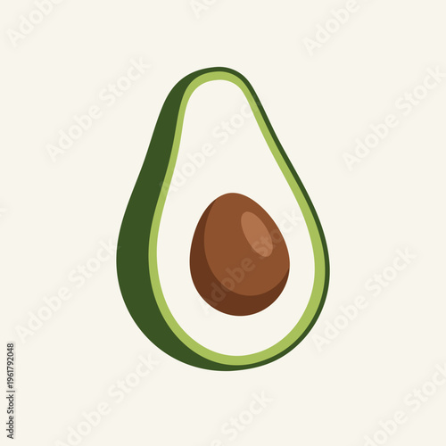 Simple illustration of a halved avocado with its pit on a light background.