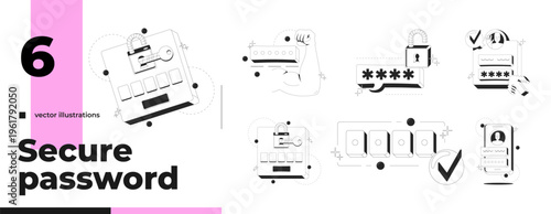 Secure password and authentication clean onboarding illustration pack. Login encryption. Cyber safety. User verification. Micro UX. Mobile UI app introduction set. Black and white line vector concepts