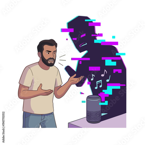 Man speaks to smart speaker with digital music notes emanating from it