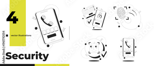Phone security and biometric authentication clean onboarding illustration pack. Fingerprint scan. 2fa user login. Micro UX. Mobile UI app introduction set. Black and white line vector concepts