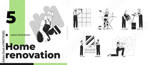 Home renovation and construction work outline illustrations pack. Builders repair. Interior maintenance. Diverse handymen tradespeople 2D line characters isolated. Vector ink linear images set
