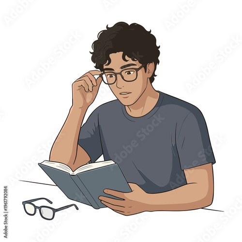 A young man wearing glasses reads a book while adjusting his spectacles