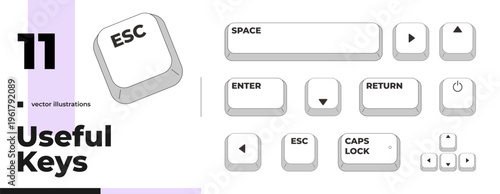 Essential useful grayscale computer keyboard keys pack. Software guidance. Minimal rounded keycaps. Keystroke buttons isolated. Vector line illustration set. PC navigation. Input interface