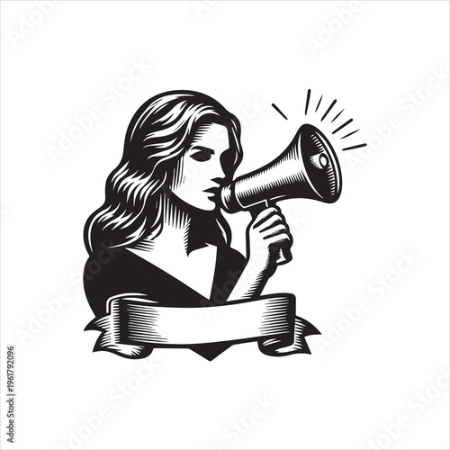 Vector illustration of a woman holding a megaphone with a speech banner, black and white design on a clean white background.