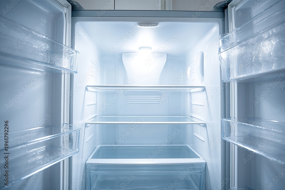 Fototapeta premium Hunger, poverty, or grocery shopping concept featuring a vacant kitchen refrigerator