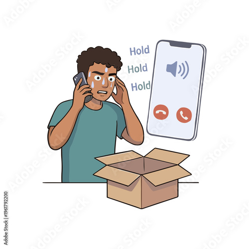 Man frustrated while talking on phone next to open cardboard box and smartphone