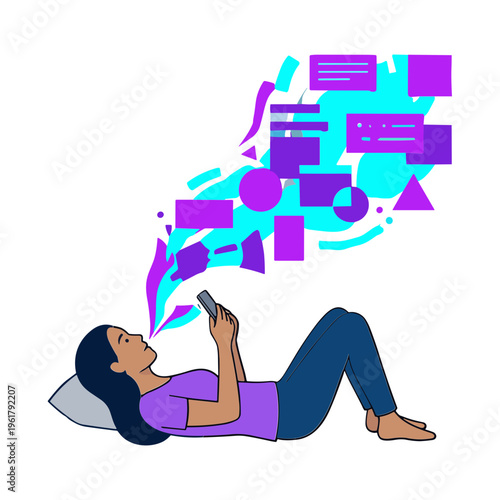 Woman lies on back reading phone with colorful messages floating up