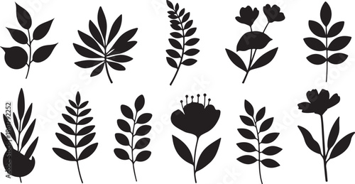 Black floral icons, leaf silhouettes, botanical vector set, 10 plant illustrations