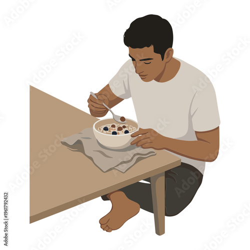 Man sitting at table eating cereal with spoon from bowl on napkin
