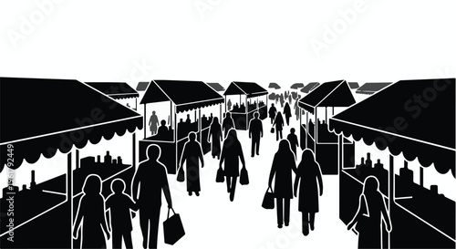 Crowd of shoppers browsing stalls at a bustling outdoor market on a bright day.