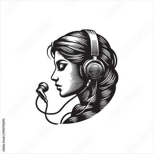 Black and white vector illustration of a woman wearing a headset with a microphone, against a clean white background.