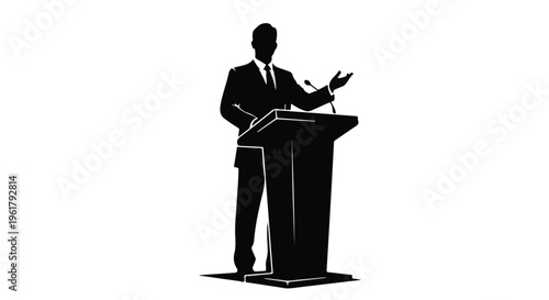 Silhouette of a confident speaker gesturing while presenting from a podium.