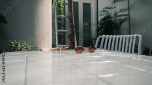 Sunglasses rest on a white table in a garden setting during a sunny day. 