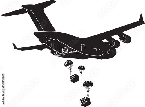 Military cargo plane, dropping parachuters, black silhouette, vector illustration, airborne operation