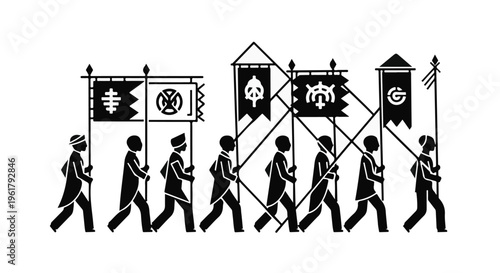 People in traditional attire march in a procession carrying banners with intricate designs.