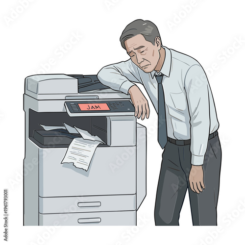 Man frustrated with office printer jam in workplace setting