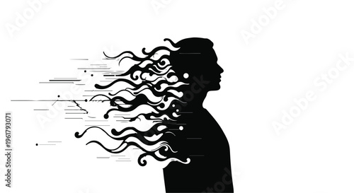 Silhouette of a person's head dissolving into abstract swirling lines and particles, representing thoughts or memories fading away.