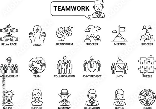 A collection of simple line art icons illustrates various business concepts related to collaboration, achievement, and group effort under the heading of teamwork.