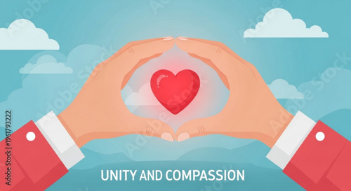 Hands cradling a red heart symbolizing unity and compassion against a serene blue sky with clouds