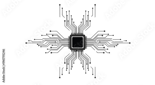 Intricate microchip design radiating connections on a white background, symbolizing advanced technology and data flow.