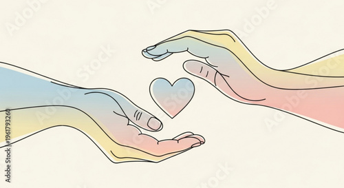 Two hands passing a heart symbol representing love care and kindness in a minimalist illustration style