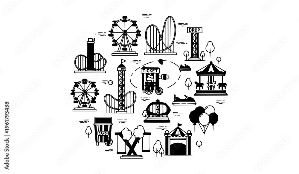 Naklejka premium Modern flat line amusement park icon collection with rides and attractions vector set isolated on white background