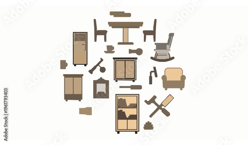 Minimal linear wood furniture icons set with tables chairs cupboard and carpenter tools vector collection isolated on white background
