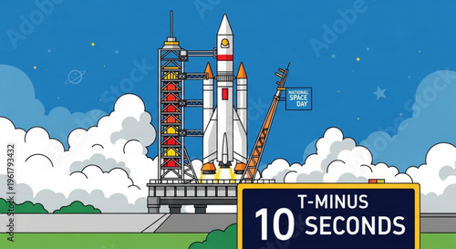 Rocket on launchpad with countdown timer t minus 10 seconds ready for liftoff into blue sky with clouds
