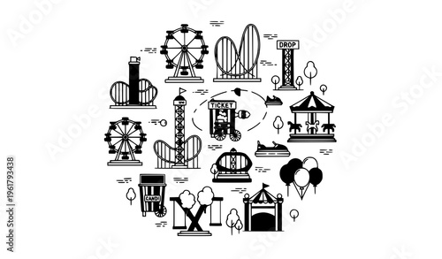 Modern flat line amusement park icon collection with rides and attractions vector set isolated on white background