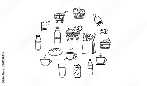 Minimal food shopping and beverage icons set with grocery and drink outline vector collection isolated on white background