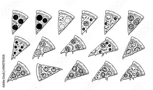 Doodle pizza slices with toppings vector collection hand drawn food sketch elements isolated on white background