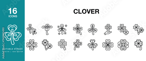 Clover icon set. Includes clover, shamrock, plant, leaf, green, nature and More. Editable Stroke Icon Collection.
