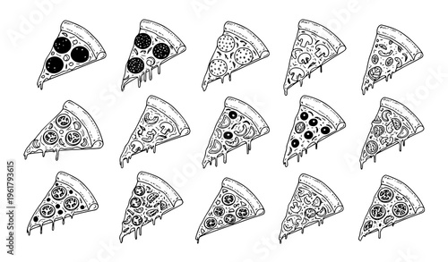Hand drawn pizza slices vector set with assorted toppings sketch art food illustration isolated on white background