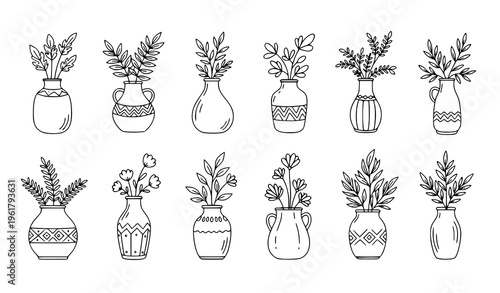 Hand drawn decorative pots with botanical sprigs vector set charming plant container line art isolated on white background