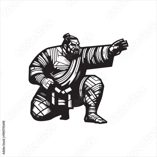 A black and white vector illustration of a sumo wrestler in a dynamic pose, showcasing a logo design concept on a clean white background.