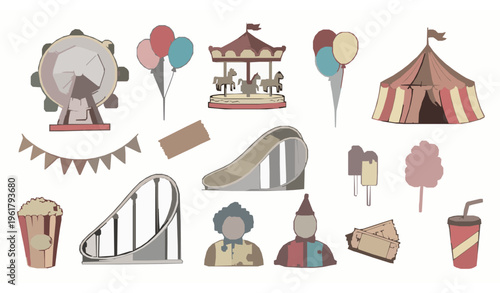 Doodle carnival amusement park icon collection with hand drawn festive fair sketch elements vector set isolated on white