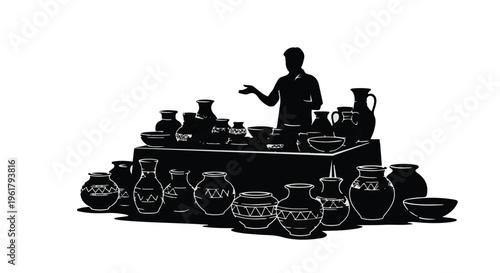 Artisan proudly presents a collection of handcrafted pottery with intricate designs.