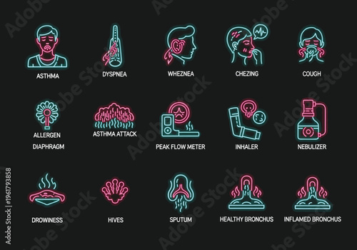 Neon line art icons detail various symptoms and medical devices associated with asthma, including wheezing, coughing, and inhalers.