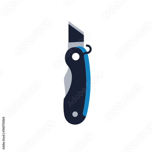 Vector of a utility knife with a blue and black design and a sharp blade