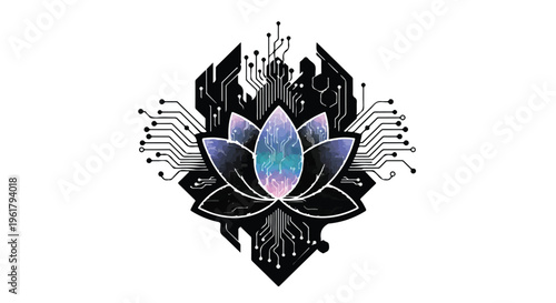 Futuristic lotus flower with digital circuitry, symbolizing technology and nature harmony