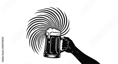 Hand holding frothy beer mug with swirling vortex background