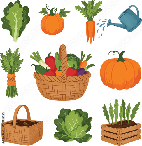 Fresh Organic Vegetables and Gardening Tools Set for Spring Harvest Festival